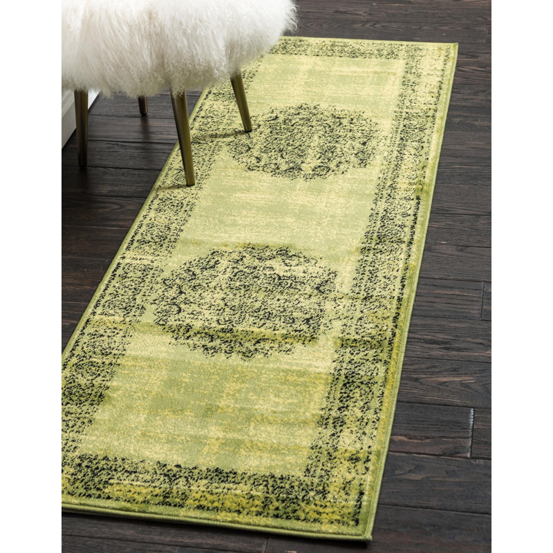 Tapis oriental vert / noir Yareli, Tapis de couloir 3 pi x 9 pi 10 po