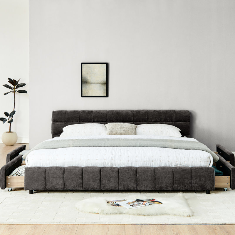 Lit très grand moderne gris foncé avec détails rembourrés et espace de rangement - Tiroir plateforme en chenille