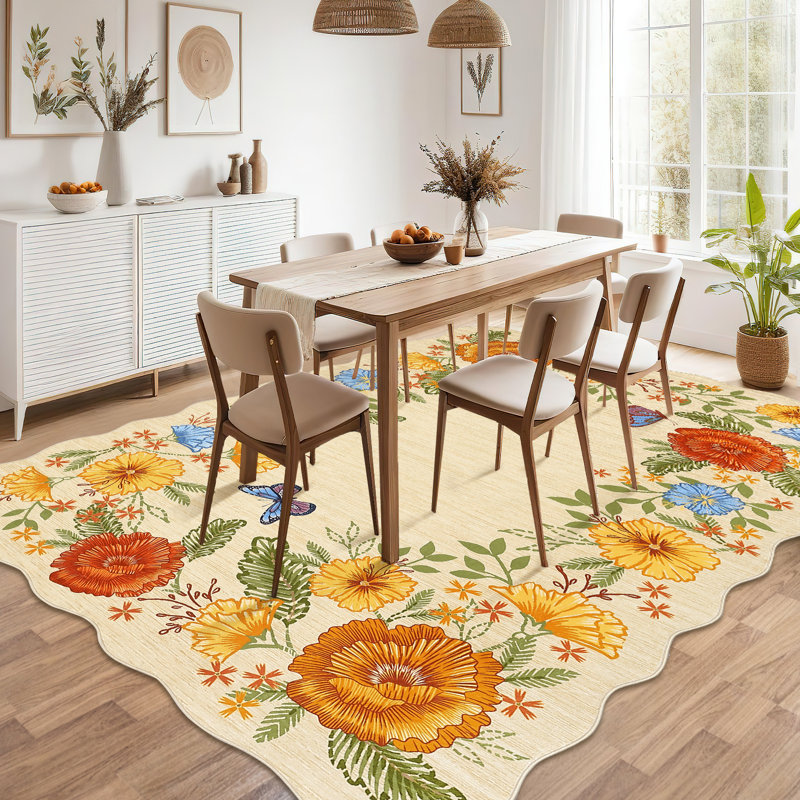 Floarl Machine Washable Rug with Rubber Backing for Living Room Modern Non-Slip Dining Room Rug Easy-Cleaning Floor Carpet for Bedroom Dorm Playroom