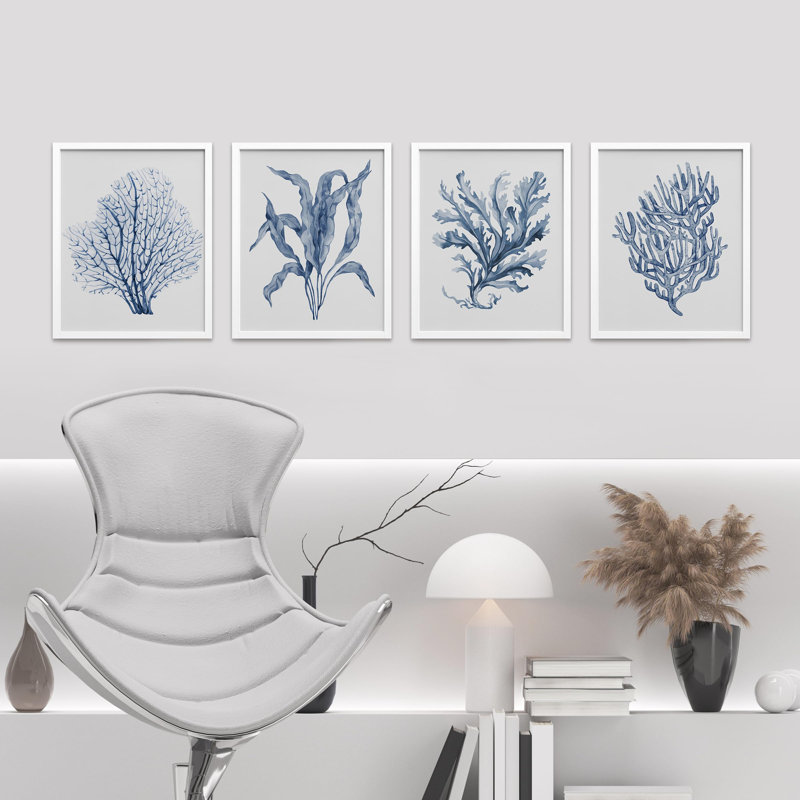 " Navy Blue Marine Coral Leaves Floral Botanical Plant " 4 - Pieces, White, 16" H x 12" W