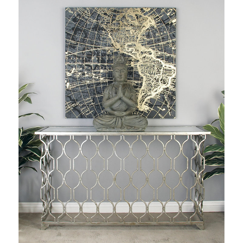 Silver Metal Console Table with Mirrored Glass Top and Trellis Pattern