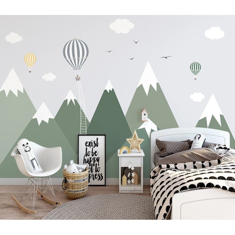 Papier peint amovible Snowy Green Mountains, montgolfières, nuages, oiseaux, L 35,04 po x l 55 po
