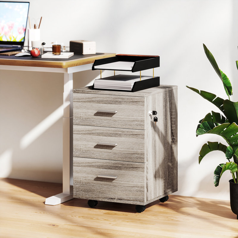 3 Drawer File Cabinet with Lock and Wheels, Grey Wood Grain