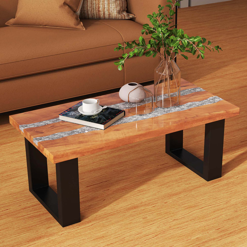 Teak Wood Patio Table With  River Feel Epoxy Tabletop Indoor Outdoor Side Table