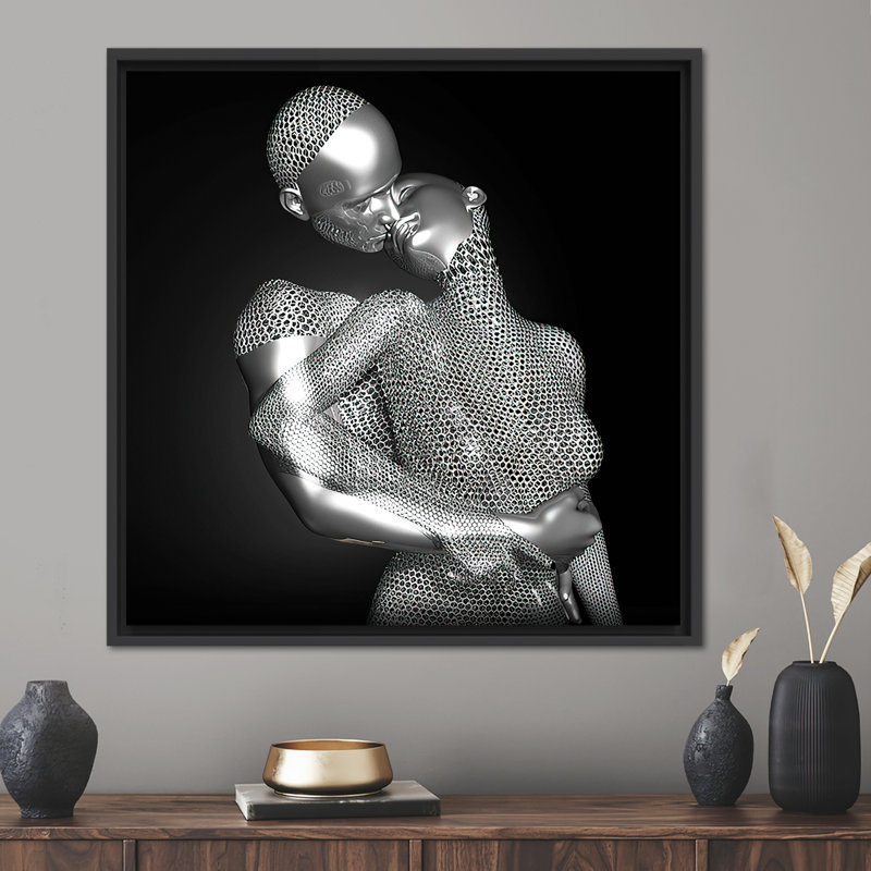 3D Canvas with Kissing Couple Design - Abstract Modern Romantic Bedroom Wall Art, 90 cm H x 90 cm W, Framed Print without Mat