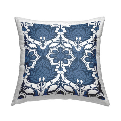 Blue White Damask Pattern Outdoor Printed Pillow by Geoff Tygert