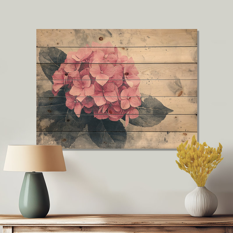 Simple hortensia rose dans un jardin monochrome II - art mural en bois d'hortensia - sur bois de pin naturel