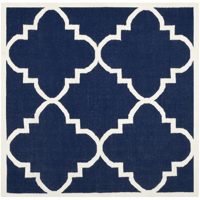 Rodgers Hand Woven Flat Weave Wool/Cotton Geometric Rug in Navy/Ivory, Square 8'