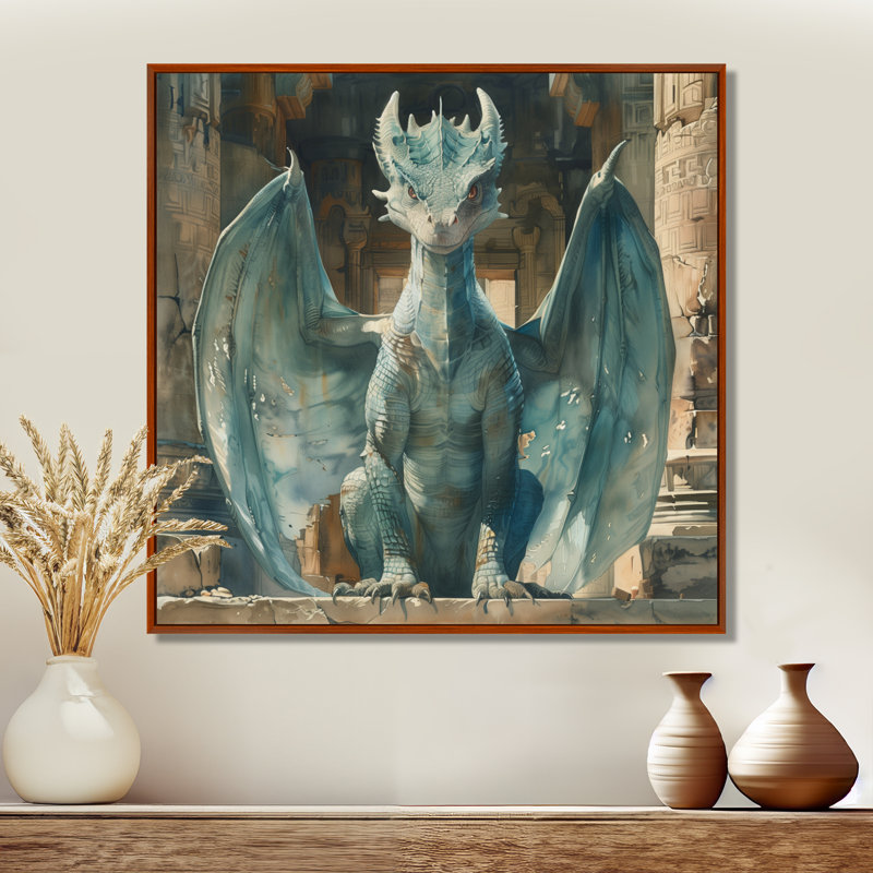«Green Antique Ruins Dragon II - Dragons», art mural, Toile avec cadre flottant brun, H 16 po x l 16 po x P 1 po