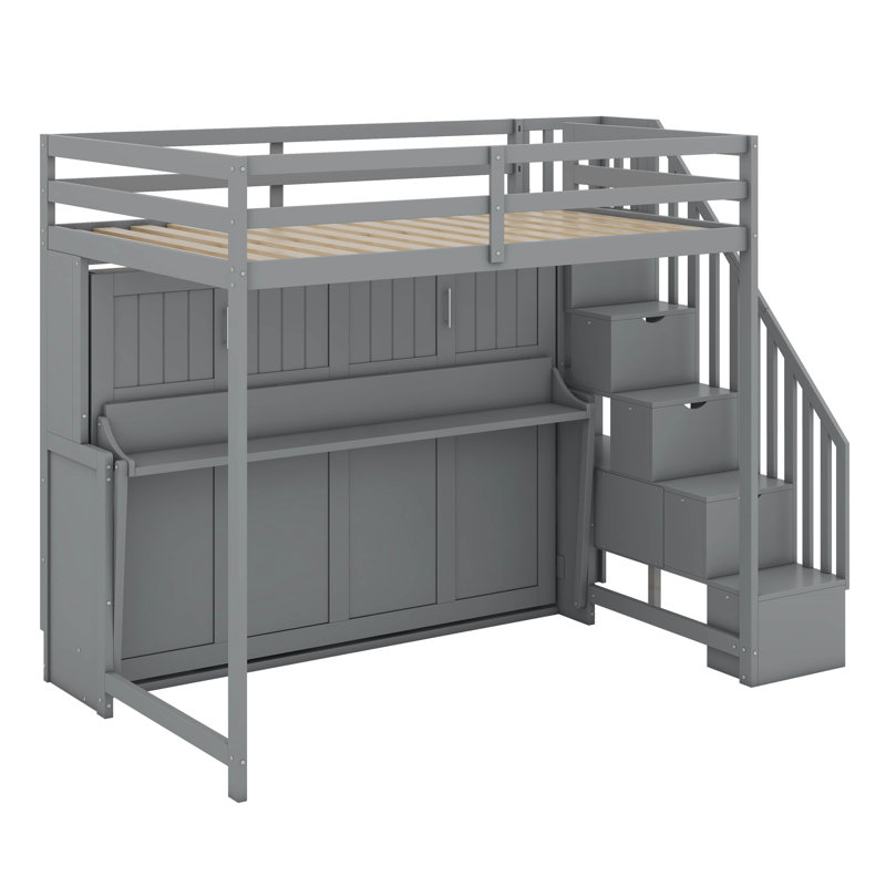 Lit superposé double avec bureau et rangement Murphy, Gris