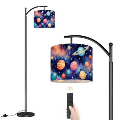 Arc Floor Lamp Colorful Space Planets Stars Nebula Watercolor Style Floor Lamps with Remote LED Lights Adjustable Lamp Shades Tall Standing Lamps for Reading Office Living Room