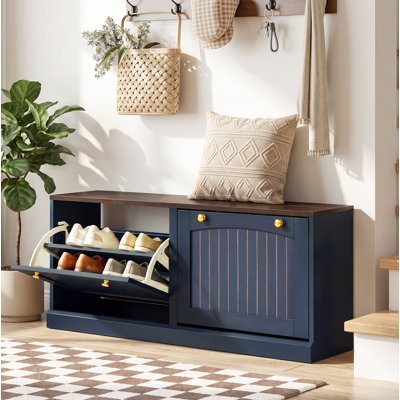 41.3" W Storage Shoe Bench, Entryway Bench with Flip-Drawer Shoe Storage, 2-Tier Cabinet, Holds 8 Pairs