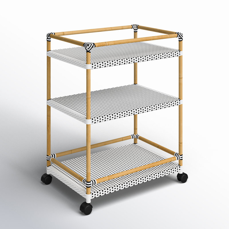 Tobias Outdoor 3- Tier Rattan and Metal Bar Cart, Black/White