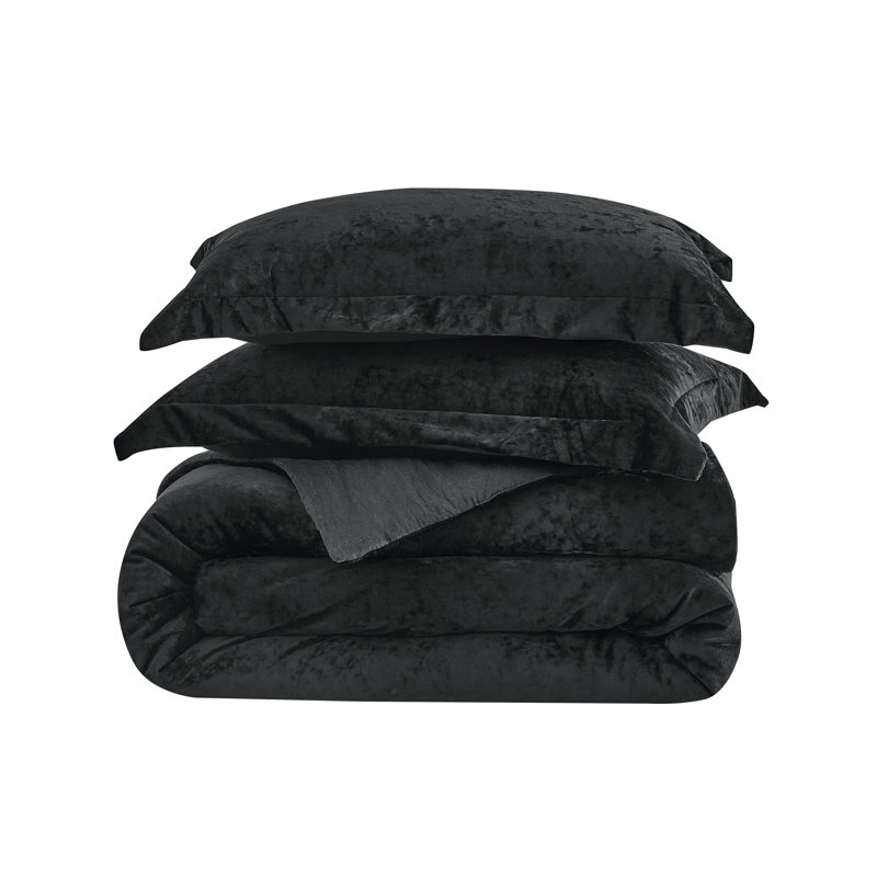 Lux Distressed Velvet Reversible Comforter Set, Queen Comforter + 2 Standard Shams, Black