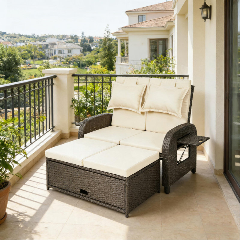 Lit de jour d'extérieur en osier, canapé convertible inclinable 3 en 1, lit de jour en rotin, Beige