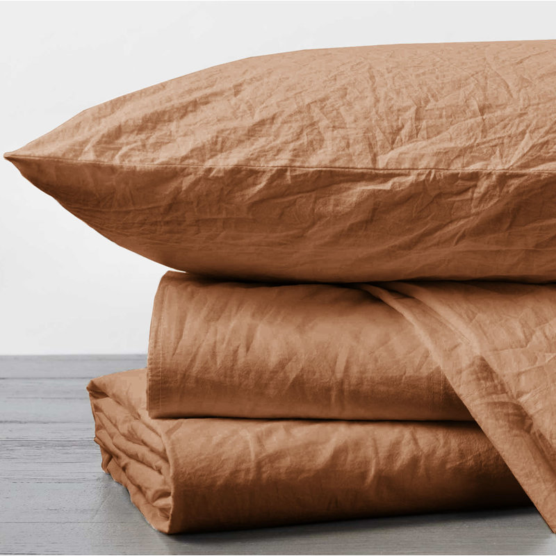 Organic Crinkled Percale Sheet Set, King Sheet Set with 2 Pillowcases, Ginger