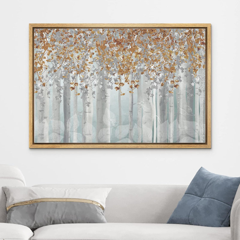 Brun, blanc et bleu, bouleau, forêt, collage, nature sauvage, technique mixte, paysage rustique, H 24 po x l 36 po