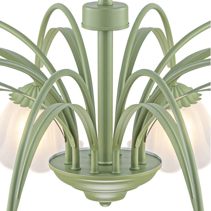 Modern Floral Chandelier Collection, Green Metal Flower Pendant with Hand-Pleated Glass Shades, Adjustable Height 15-95", Sloped Ceiling Compatible