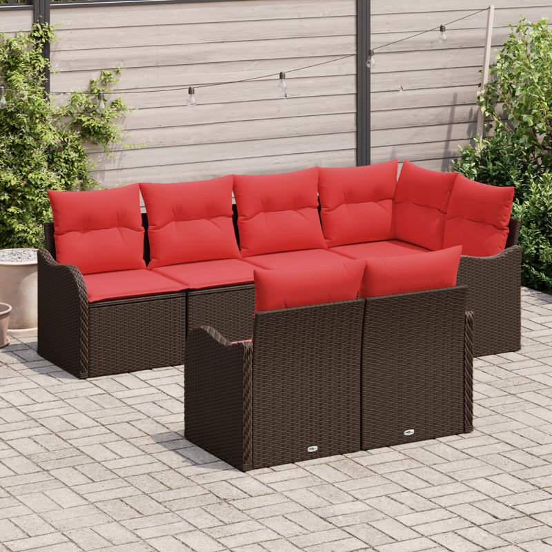 vidaXL Garden Sofa Set Brown Poly Rattan, Brown Frame/Red Cushion