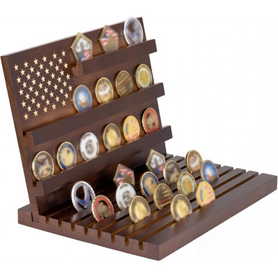 Wooden Military Coin Display Stand, Walnut Challenge Coin Holder with US Flag Design, Tiered Rack for Collectible Coins