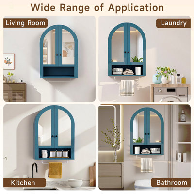 Armoire murale arquée avec portes en miroir et tablettes réglables pour la salle de lavage, la salle de bain et la cuisine