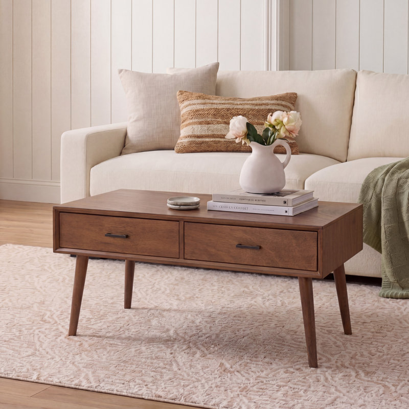 Stylish Foerster Coffee Table with Storage – Belgian Farmhouse Style with 2 Drawers for Living Room, Brown
