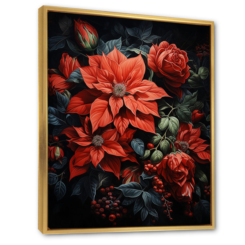Danzell Poinsettia Flower Noir II - impression, H 40 po x l 30 po x P 1,5 po, Cadre flottant doré