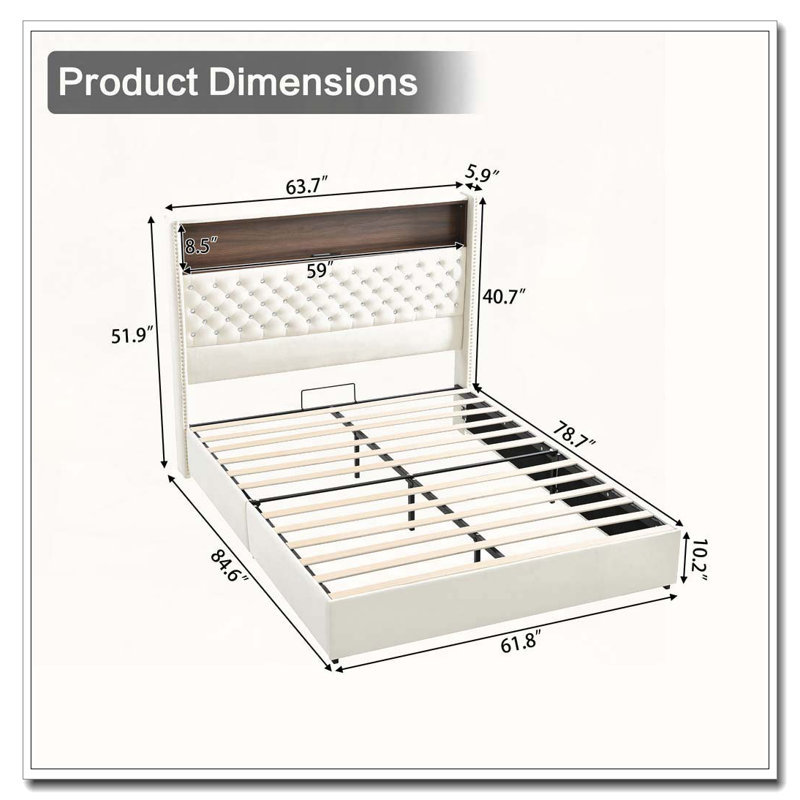 Cadre de lit doux en velours capitonné avec port USB et veilleuse, tête de lit haute 52 po avec rivets, Grand, Beige