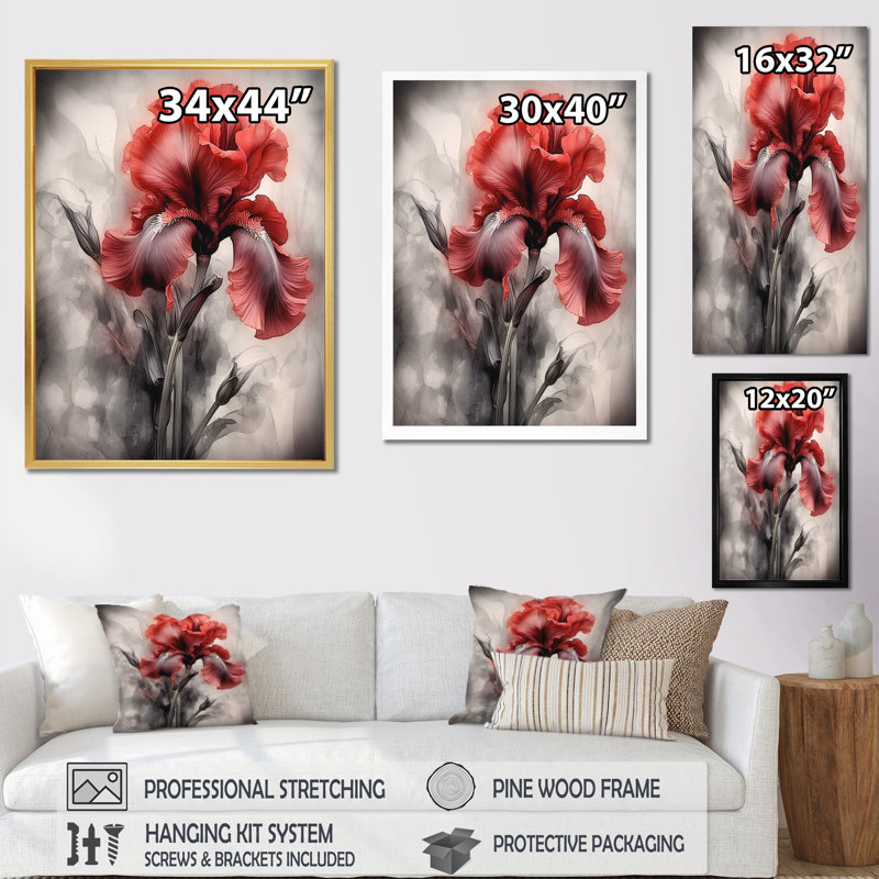 «Red Black Iris Petal II», reproduction sur toile, H 40 po x l 30 po x P 1,5 po, Cadre photo argenté