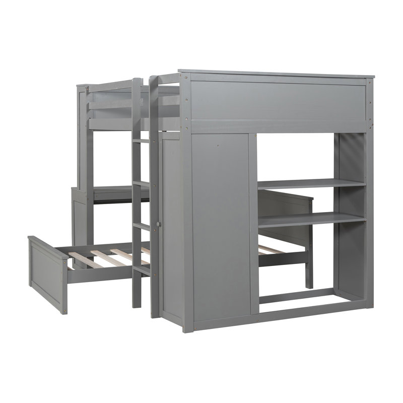 Full Size Loft Bed With Twin Stand-Alone Bed, Desk, Shelves And Wardrobe, Gray, Gray