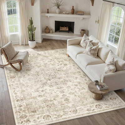 Kitty Washable Vintage Beige Area Rug with Non-Slip Backing for Living Room