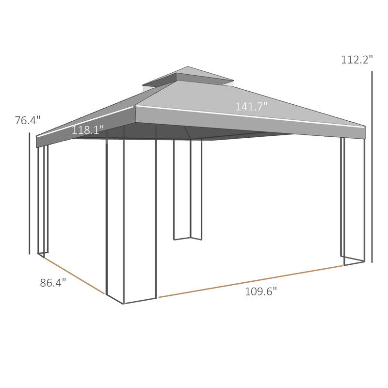 Abri de jardin à toit double 11,8 pi x 9,8 pi avec filet, tente de patio en acier brun et gris