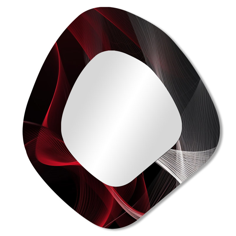 Red Black Contemplative Abstraction I - Waves Unique Shape Wall Mirror, Red Asymmetrical Decorative Mirror, Printed Metal Art