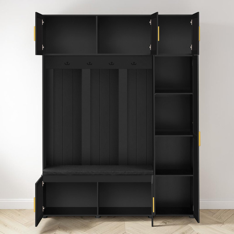 Hall Tree With Bench,  Cushioned Seat And Cabinet Organizer, Contemporary, Entryway, Black