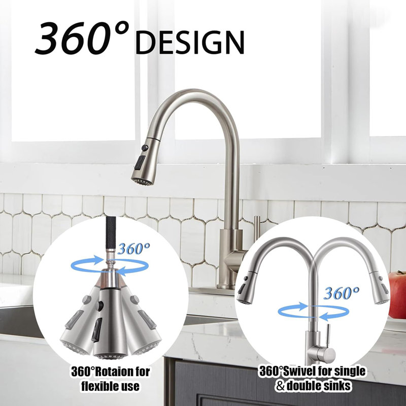 Robinet de cuisine en nickel brossé avec douchette extractible, robinet d'évier de cuisine en acier inoxydable SUS 304 à col de cygne, pivotant à 360°, douchette à 2 modes, compatible avec les installations à 1 ou 3 trous.
