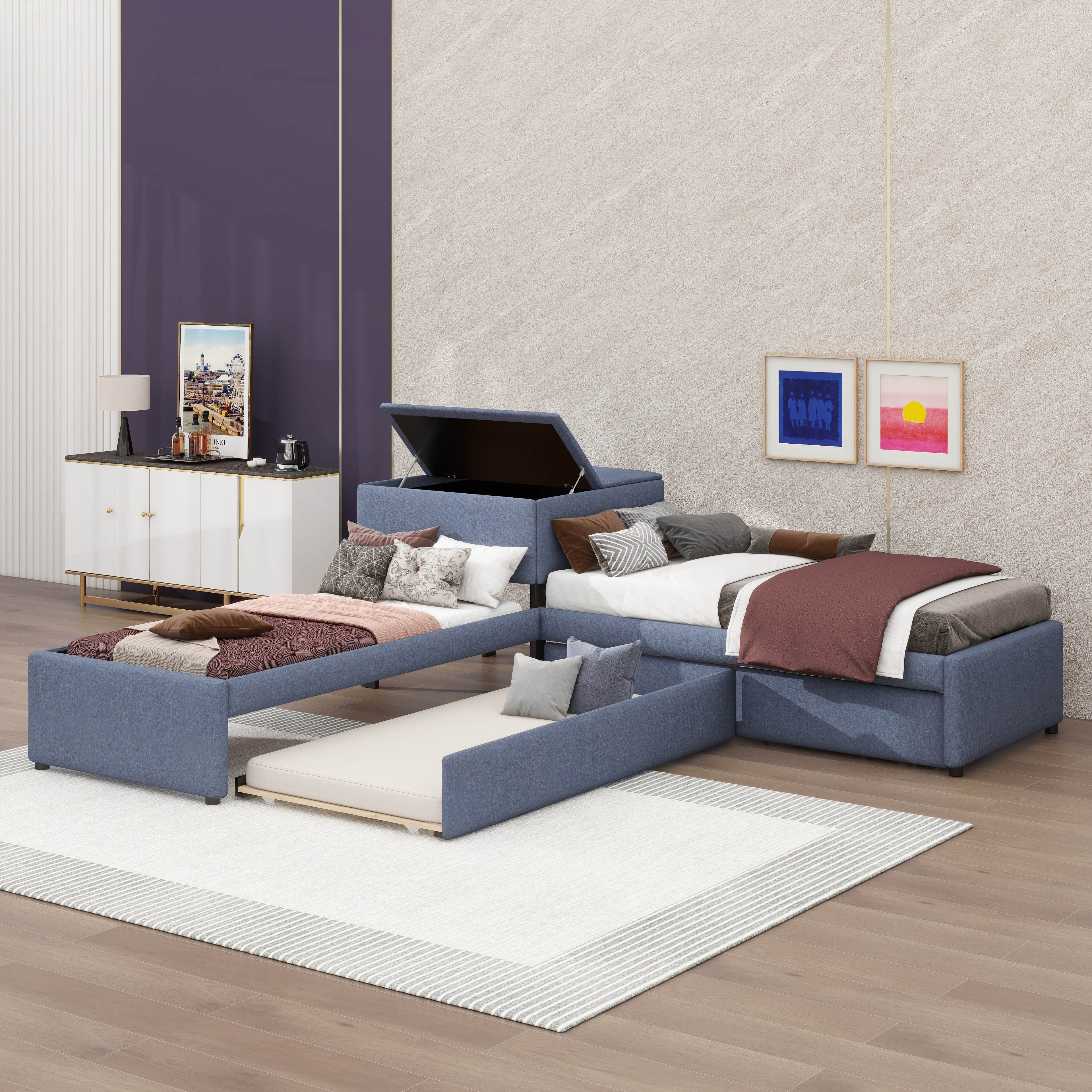 Latitude Run® L-Shaped Upholstered Platform Bed With Trundle And Two ...