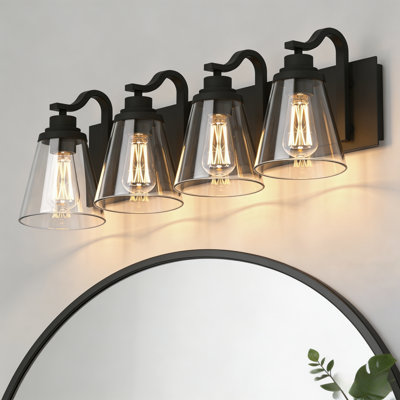 Matte Black 4-Light Bathroom Vanity Light With Clear Glass Shades, Gooseneck Wall Sconce For Bathroom Mirror