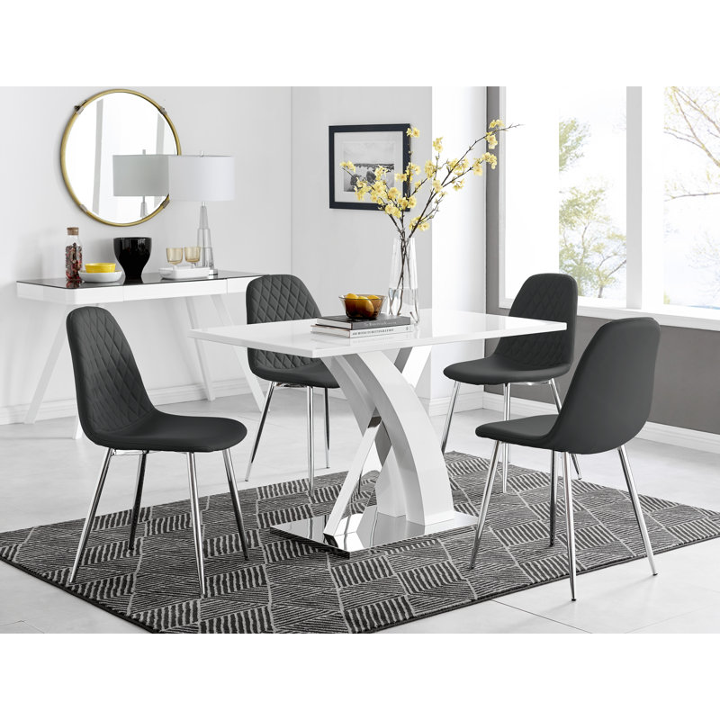 Edzard Chrome & White High Gloss Dining Table Set with 4 Luxury Faux Leather Dining Chairs, Black/Silver
