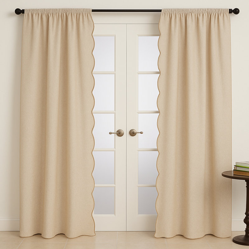 Scalloped Linen-Blend Window Curtain Panel – Soft Neutral Drapery for Living Room, Bedroom & French Door Styling, 54"x84", 84