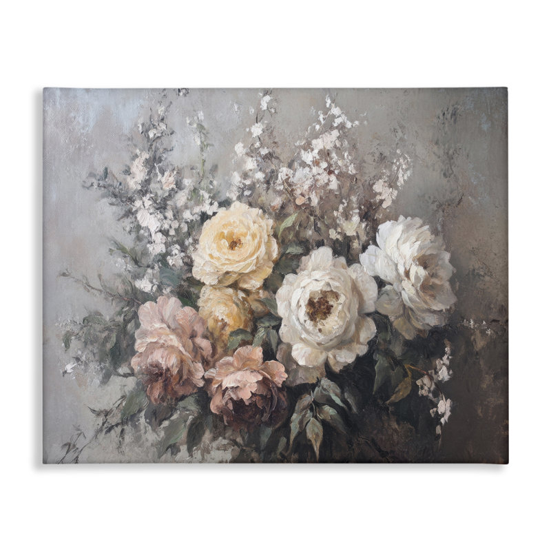  Roses et pivoines sur toile grise par Petal Prints Design, H 36 po x l 48 po