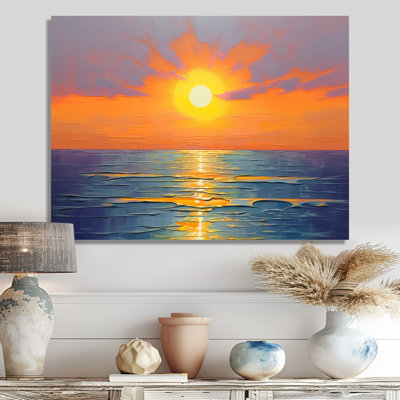 «Ethereal Ocean Horizon Orange Sunset Serene Waves», reproduction d'art sur la plage et l'océan