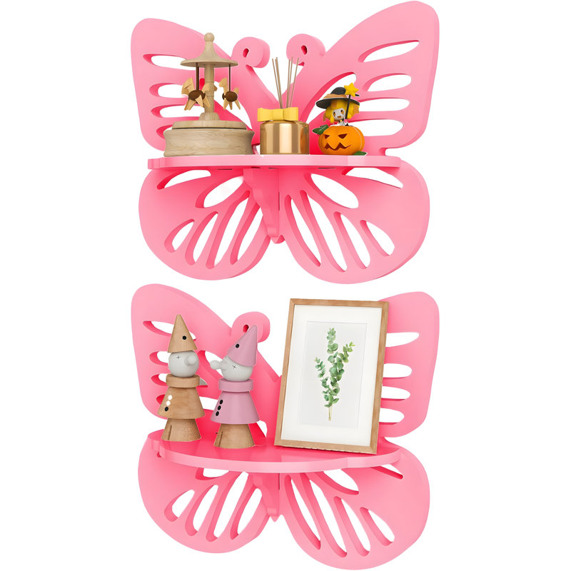 Butterfly Wall Shelf 2-Tier Floating Corner Shelves For Nursery Decor, Solid Wood Hanging Display Rack For Kids Room Storage, Toys, Books, And Plants