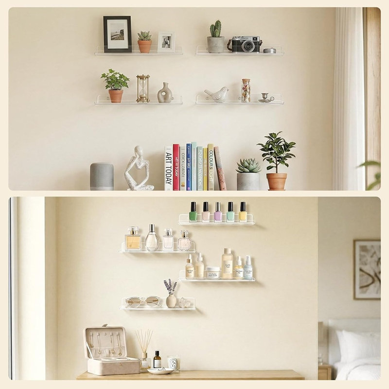 Ensemble de 4 étagères murales transparentes transparentes en acrylique transparent avec présentoir et rangement avec rebord surélevé pour salle de bain, chambre à coucher, salon, chambre de bébé et cuisine