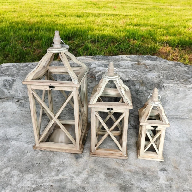 3 Piece Wood Floor Lantern Set