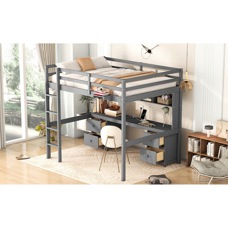 Lit mezzanine gris avec bureau, rangement généreux, tiroirs et armoire de charge, Gris