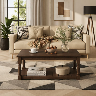 Farmhouse Rectangular Coffee Table with Slatted Lower Shelf, Turned Solid Wood Legs, Wooden Cocktail Table for Living Room