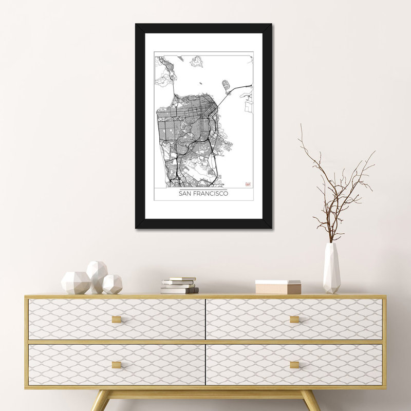 «San Francisco Minimal Urban Blueprint Map», impression sur toile, H 24 po x l 16 po x P 1 po, Papier d'art encadré noir