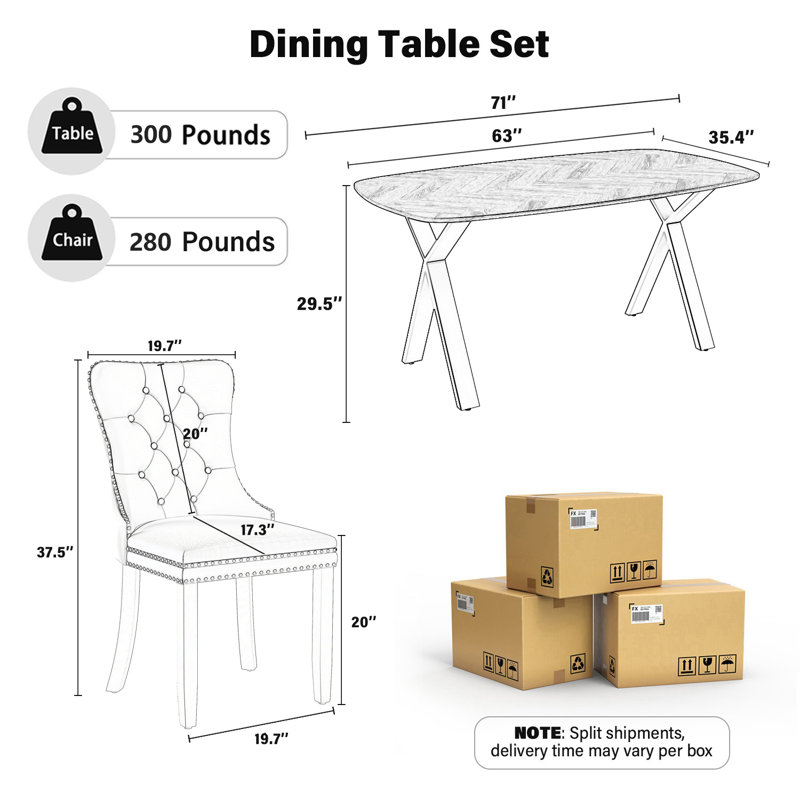 Rectangle Dining Set with Tufted Dining Chair, Yellow, 29.5"H x 71"L x 35.4"W