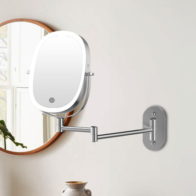Oval Chrome Metal Magnifying Rechargeable LED Wall Mounted Bathroom Vanity Makeup Mirror