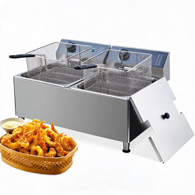 Friteuse professionnelle double Enjyam 11 L - Deux cuves en acier inoxydable 201 - 3400 W (2 x 1700 W) - Contrôle de la température - Hauteur réglable et filtration de l'huile - Pied long 11 + 11 L - Revêtement intérieur 201